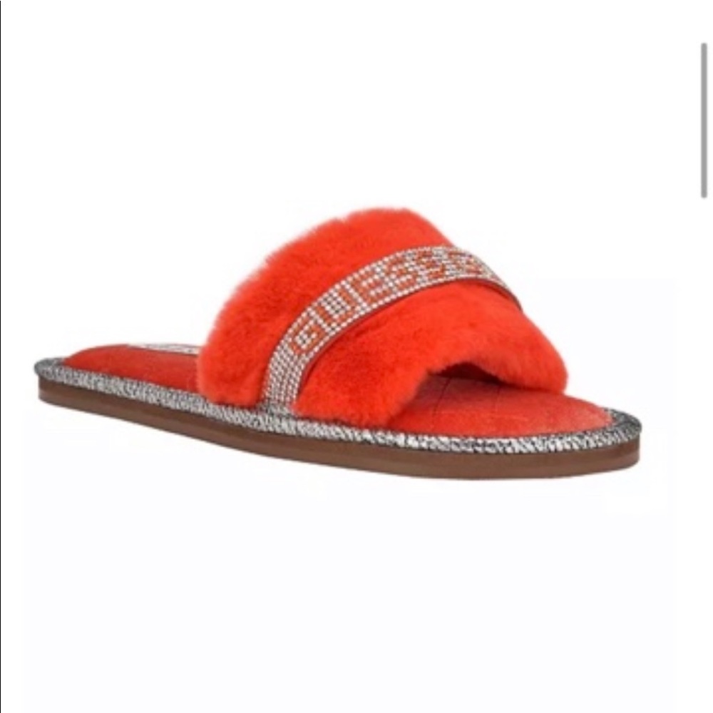New!  GUESS Hit Red Slippy Faux Furry Rhinestone Slippers